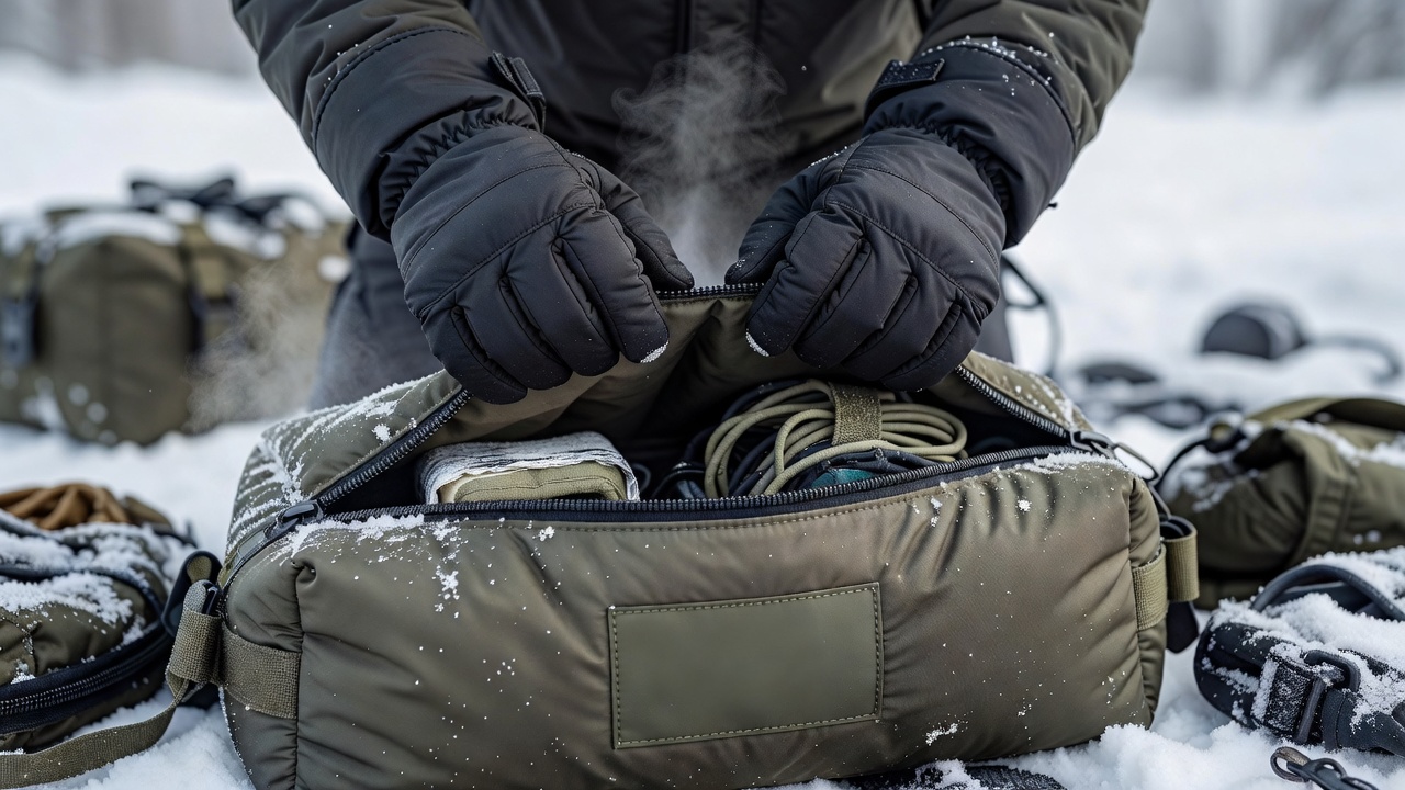 Gloved hands opening a labelled insulated equipment pouch during a cold-weather packing rehearsal