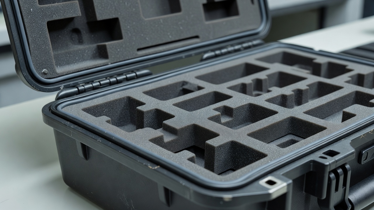 Open equipment case with a visible perimeter gasket and fitted compartments ready for inspection